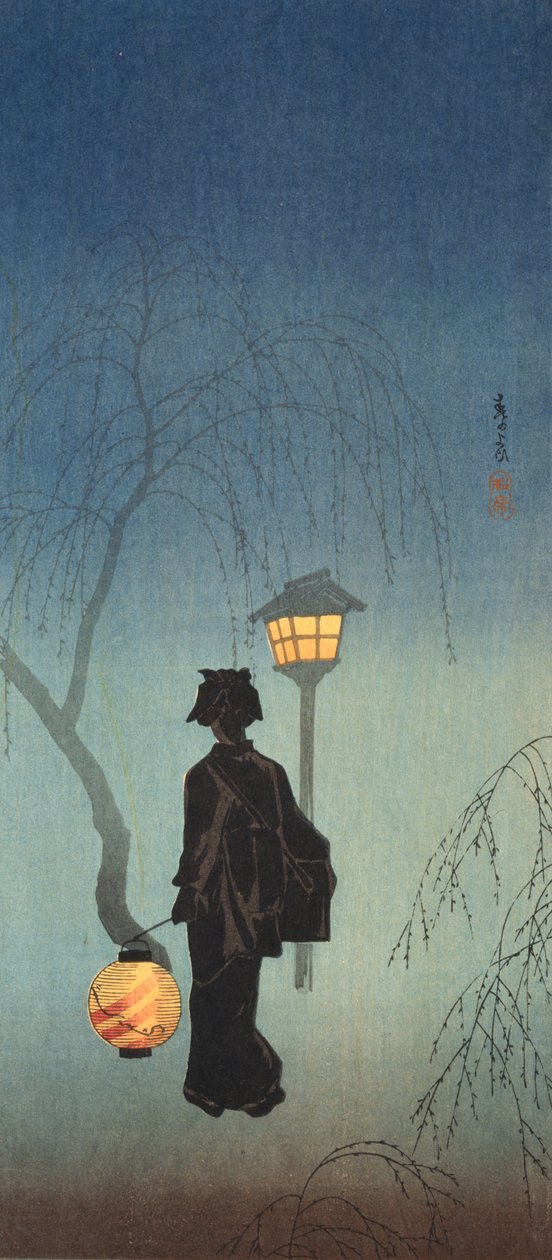 春の夜に提灯を持つ女性（色木版画） 作： 高橋正定