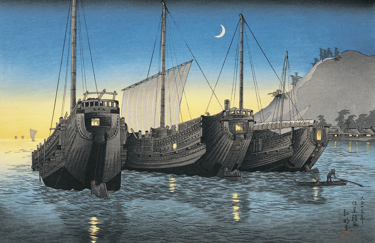 海に浮かぶジャンク船 作： 高橋松亭