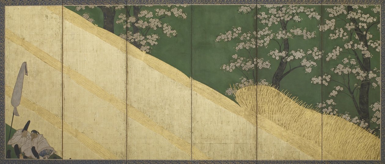 桜、高い塀と家臣、江戸時代、1590〜1640年（紙に金色と金色） 作： 俵屋宗達