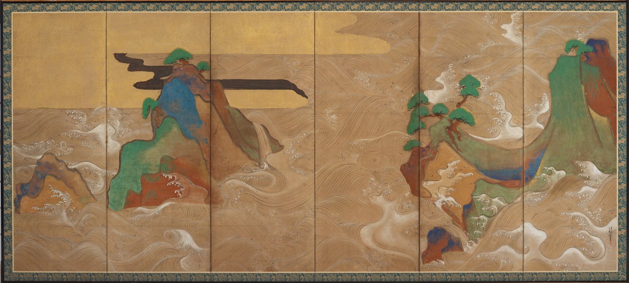 江戸時代の松島の波（紙に墨、色、金、銀） 作： 俵屋宗達