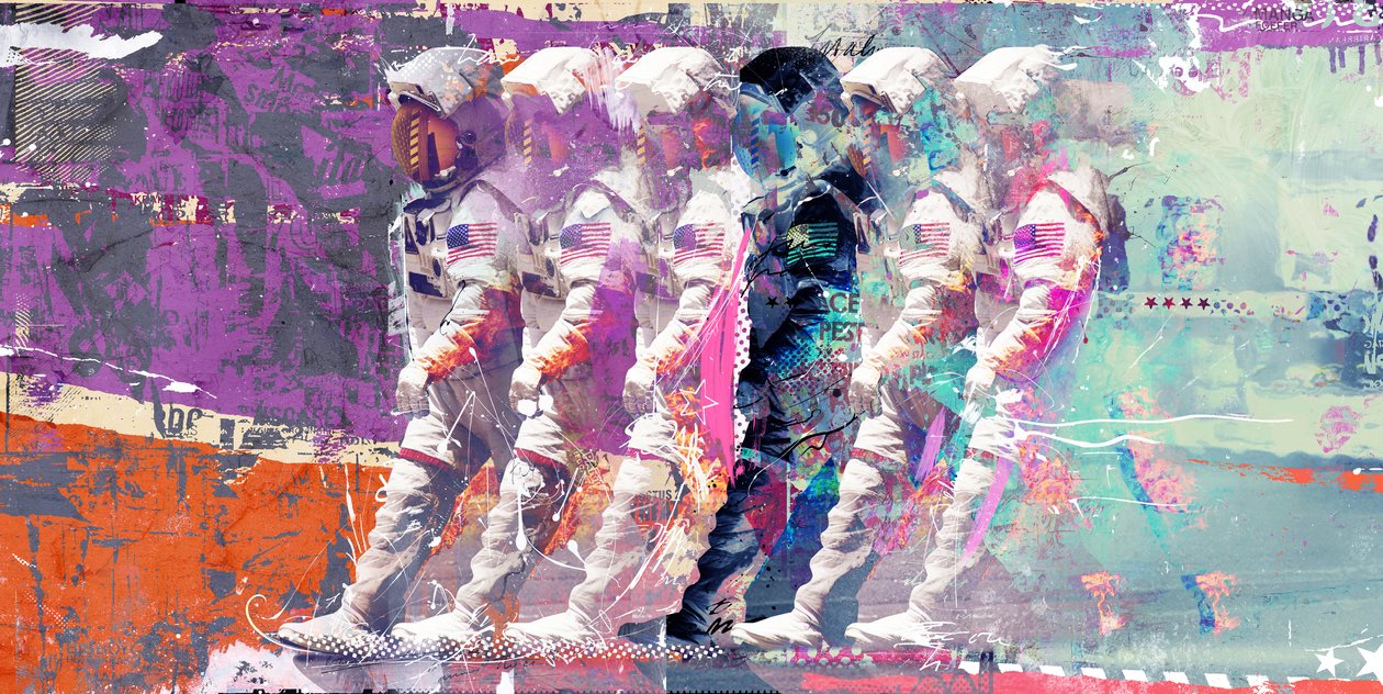 宇宙飛行士ムーンウォーク、2014年（キャンバスにミクストメディア） 作： Teis Albers