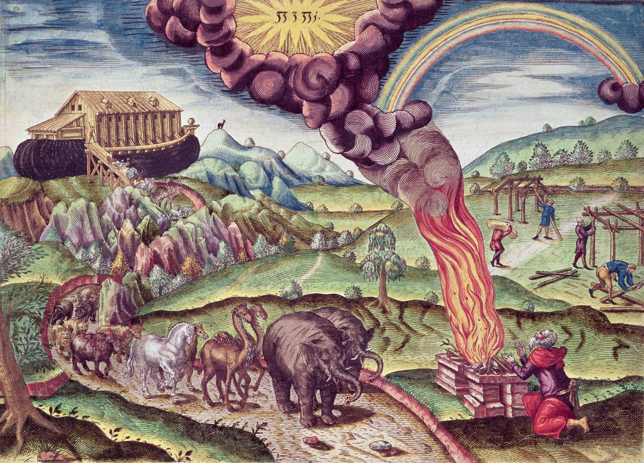 ノアの箱舟、「ブレビスナラティオ...」のイラスト、セオドア・ド・ブライ発行、1591年 作： Le Moyne、J.Bryの後
