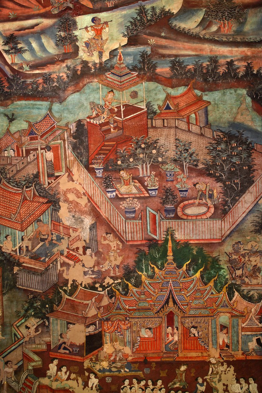 サントンテイルズを描いたヴィハーンライカムの壁画の詳細 作： タイの学校