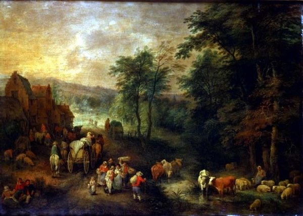 農民と荷馬車のある森の風景 作： テオバルド・ミハウ