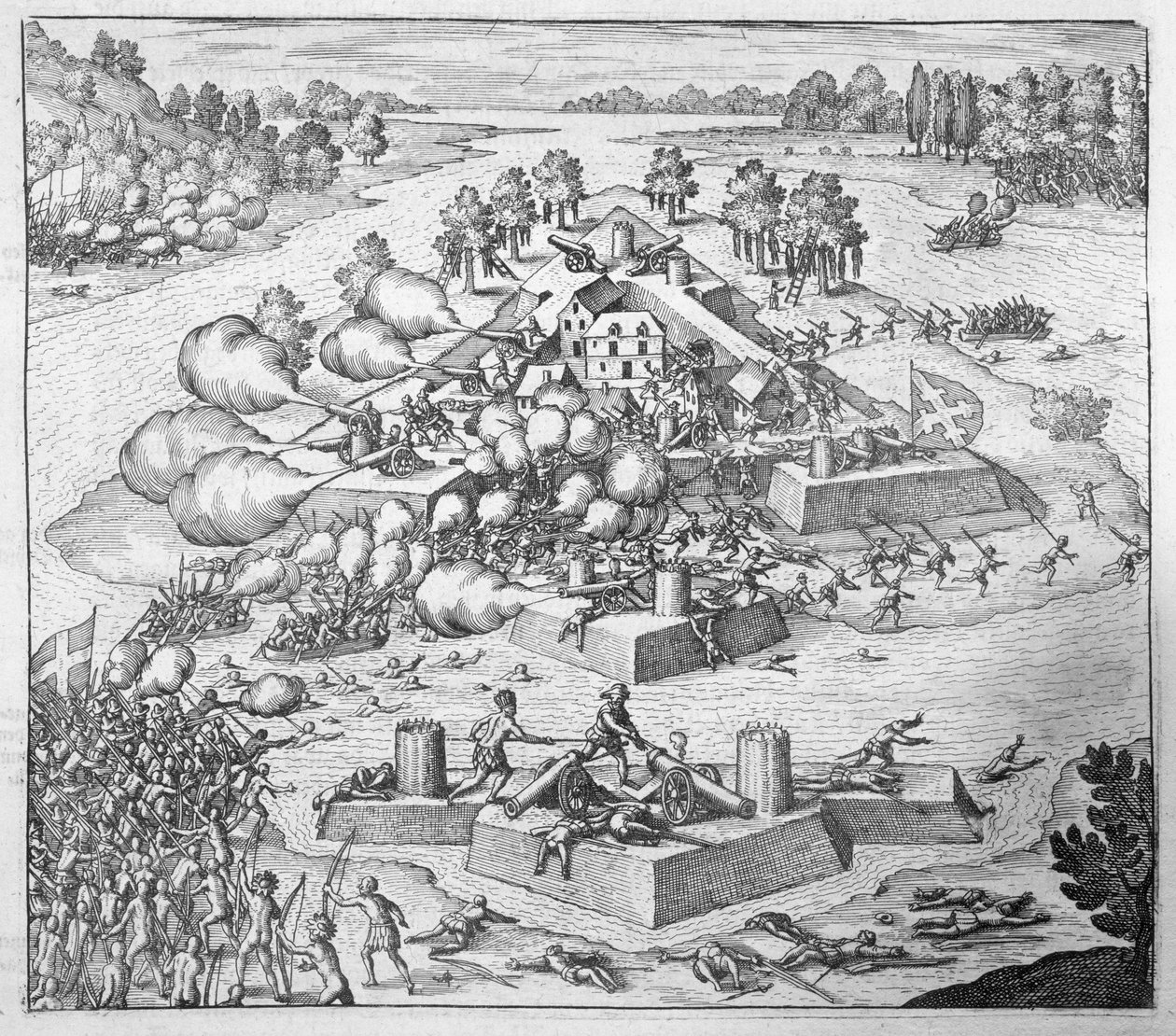 フランスのプロテスタント入植者の消滅、フロリダ州フォートチャールズ、1562年、ヨハンルートヴィヒゴットフリートの「ニューウェルトとアメリカーニッシュヒストリエン」から、マタイウスメリアン発行、1631年（eng） 作： セオドア・ド・ブリー