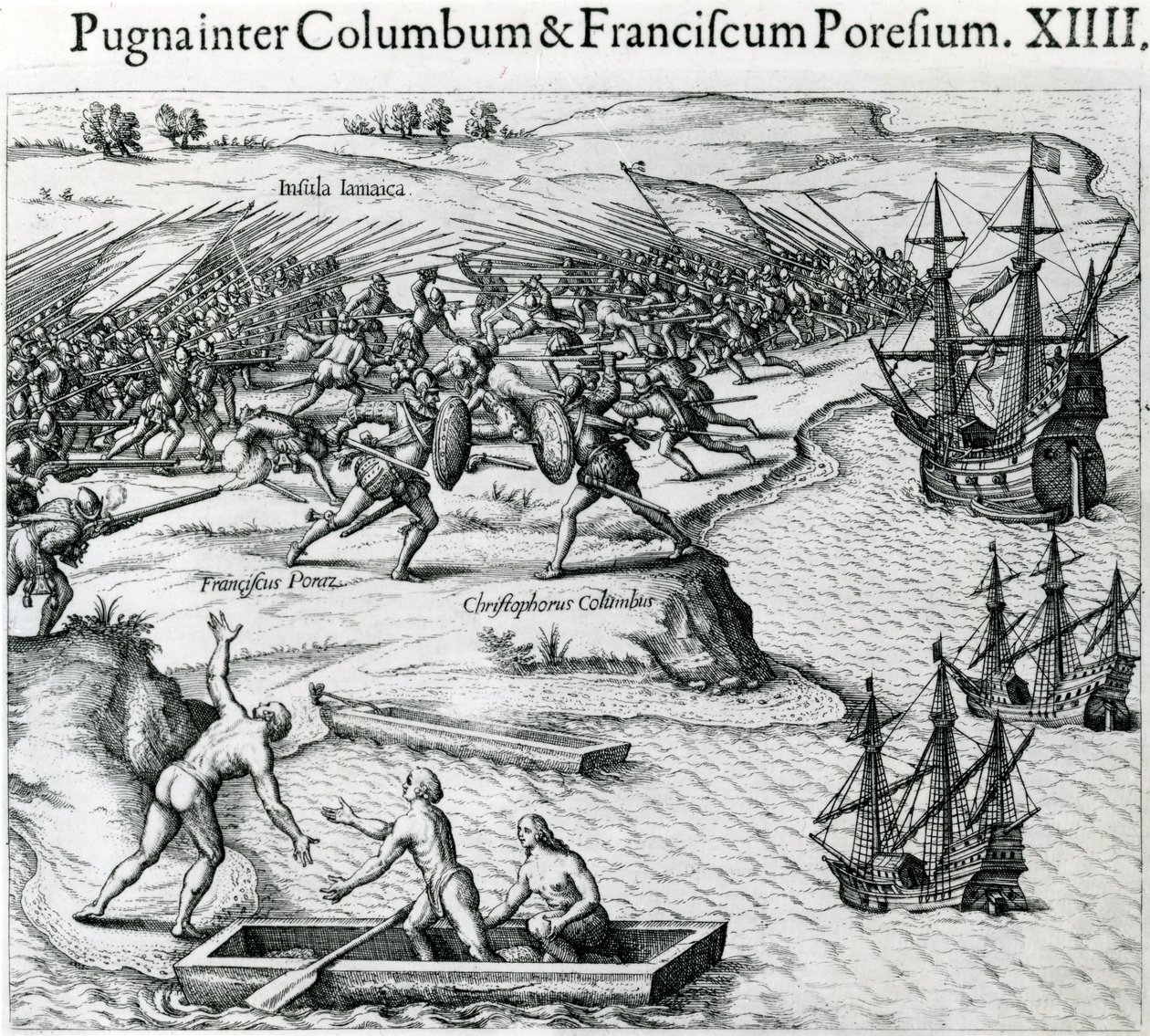 ジャマイカでのクリストファーコロンブス（1451-1506）とフランシスコポラスの戦い（1504年）、ヨハンルートヴィヒゴットフリートの「Mewe Welt und Americanische Historien」、フランクフルトマテウスメリアン発行 作： セオドア・ド・ブリー