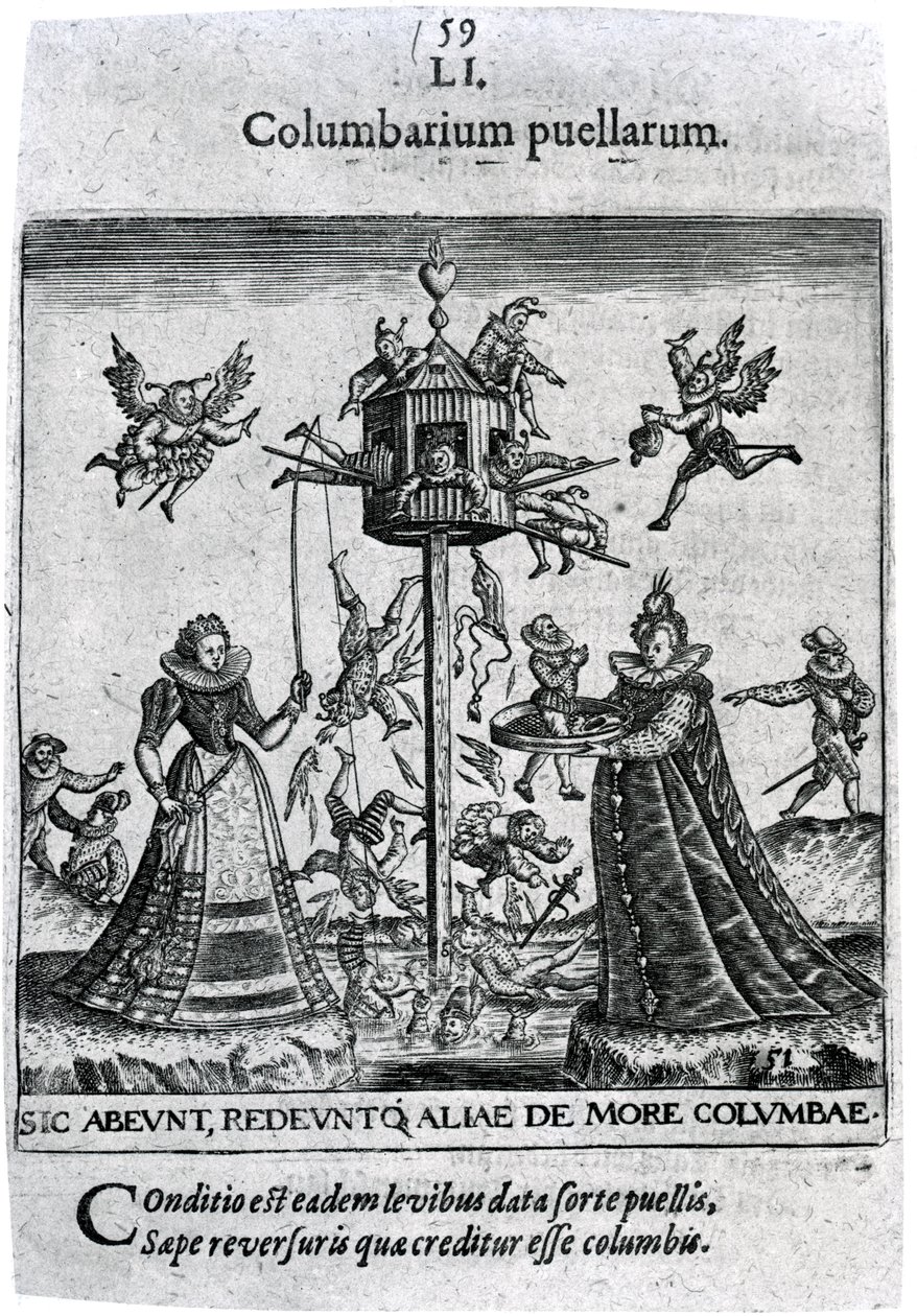 人間または世俗の紋章の少女プロセニアムからのコロンバリウム、「Theodore de Bry、1627年 作： セオドア・ド・ブリー