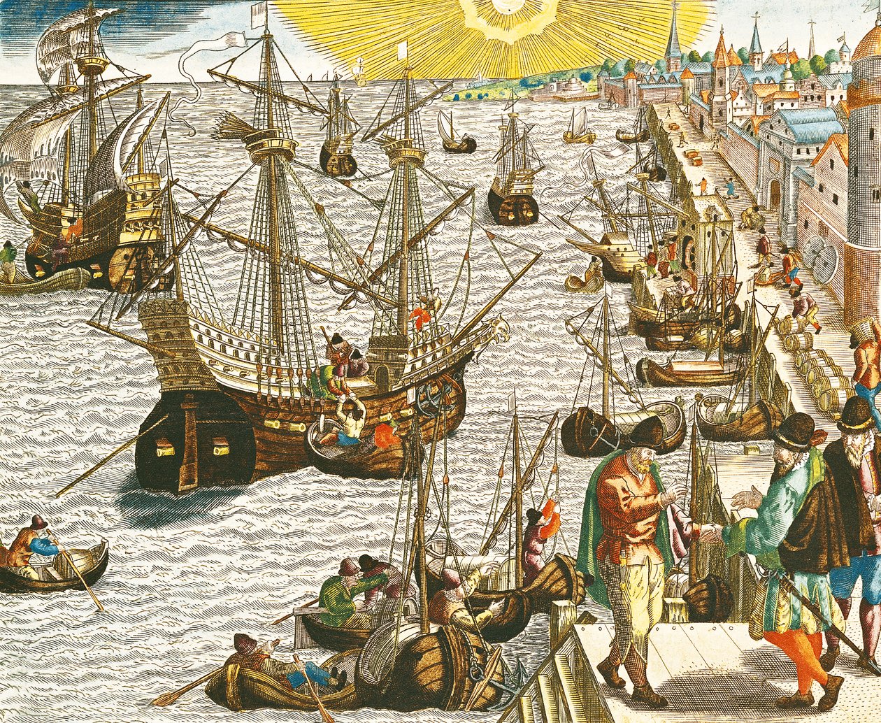 ブラジル、東インド諸島、アメリカへ向けてリスボンを出発、「Americae Tertia Pars ...」のイラスト、1592年 作： セオドア・ド・ブリー