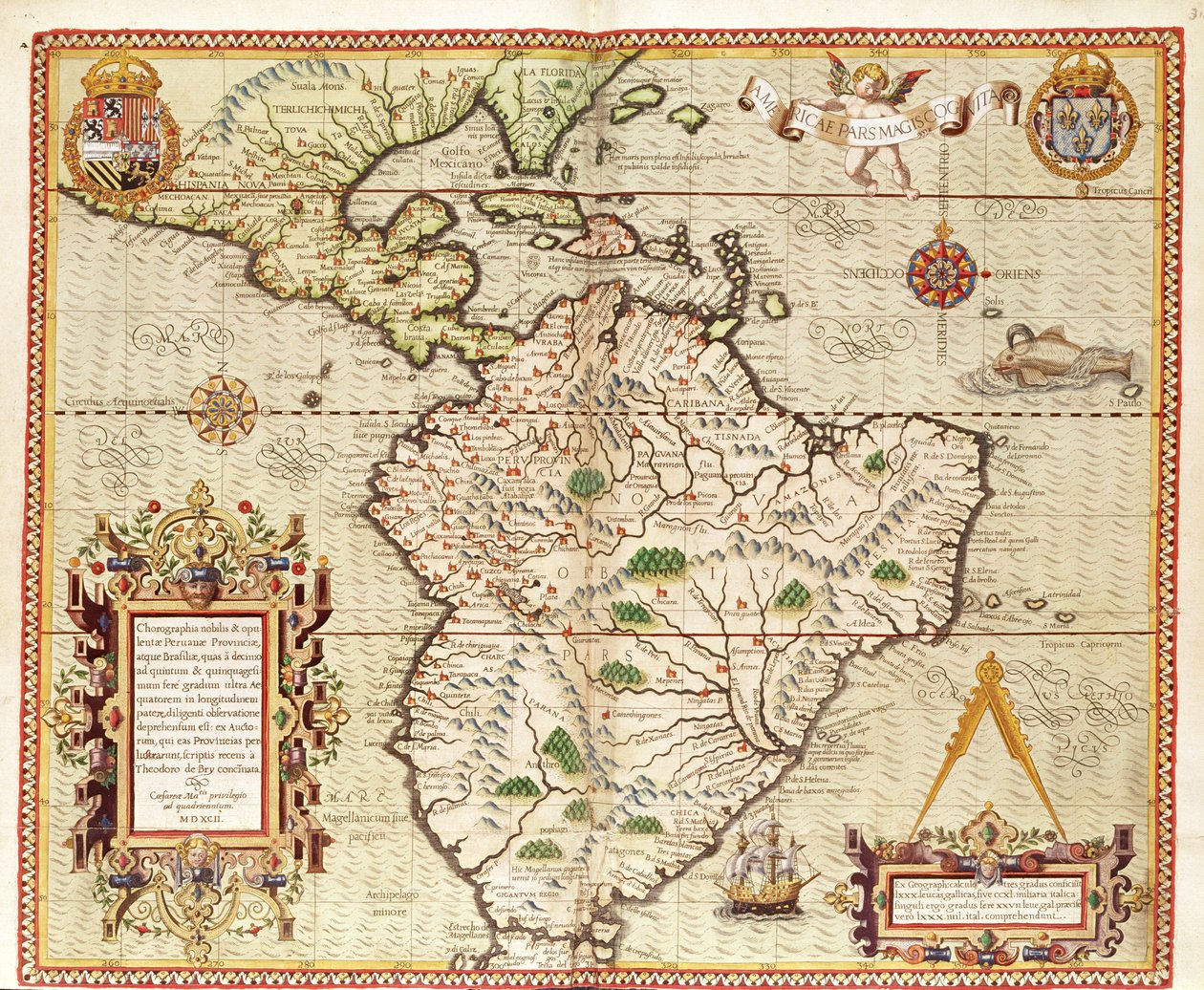 中央アメリカと南アメリカの地図、「Americae Tertia Pars ..」、1562 作： セオドア・ド・ブリー