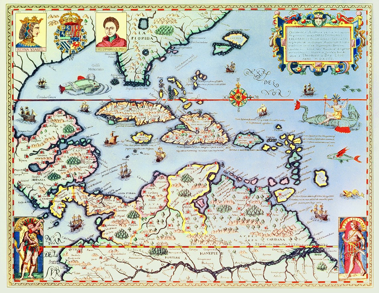 カリブ海の島々とアメリカのフロリダ州の地図 作： セオドア・ド・ブリー