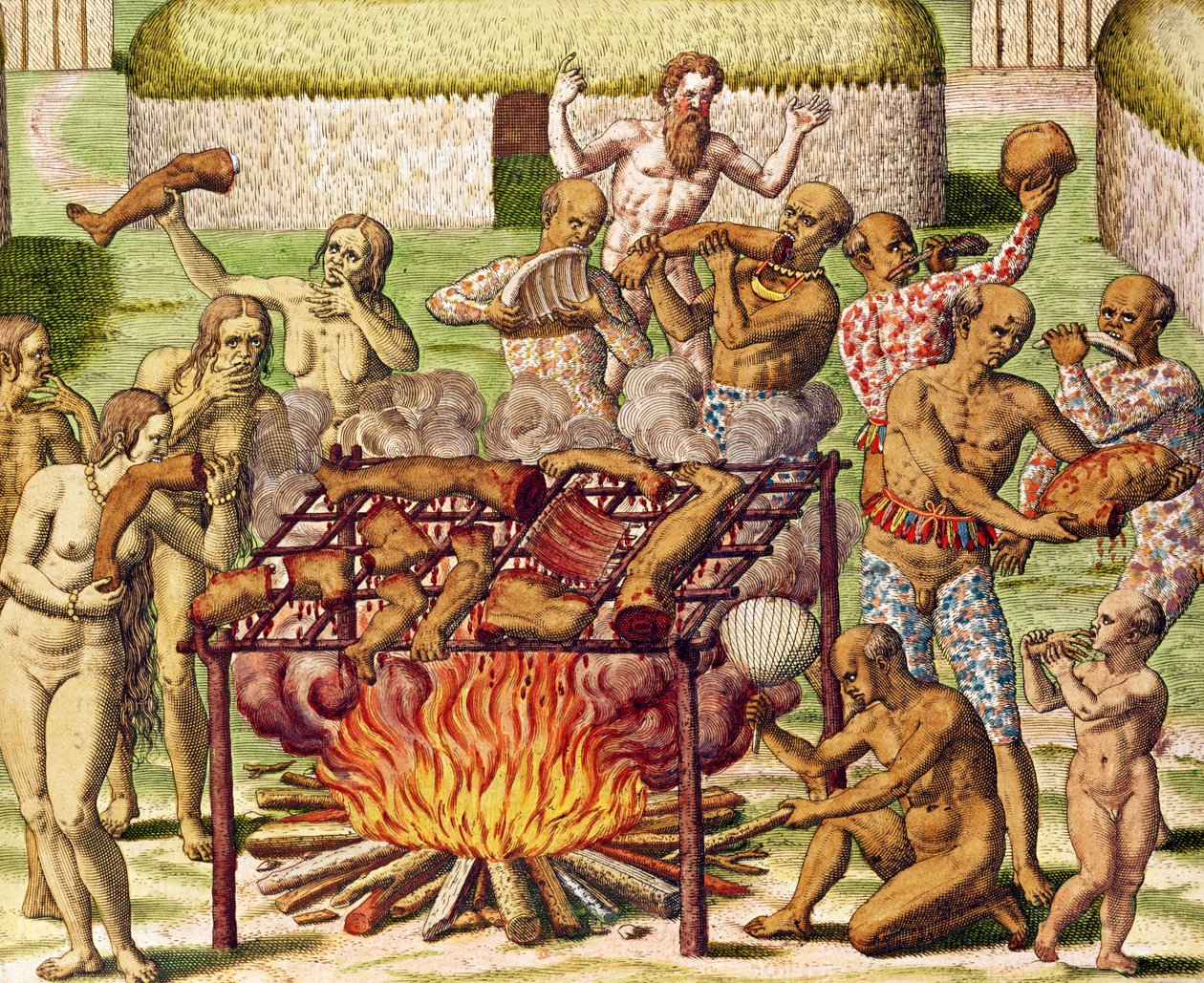 共食いのシーン、「アメリカテルティアパース...」、1592年（カラー彫刻） 作： セオドア・ド・ブリー