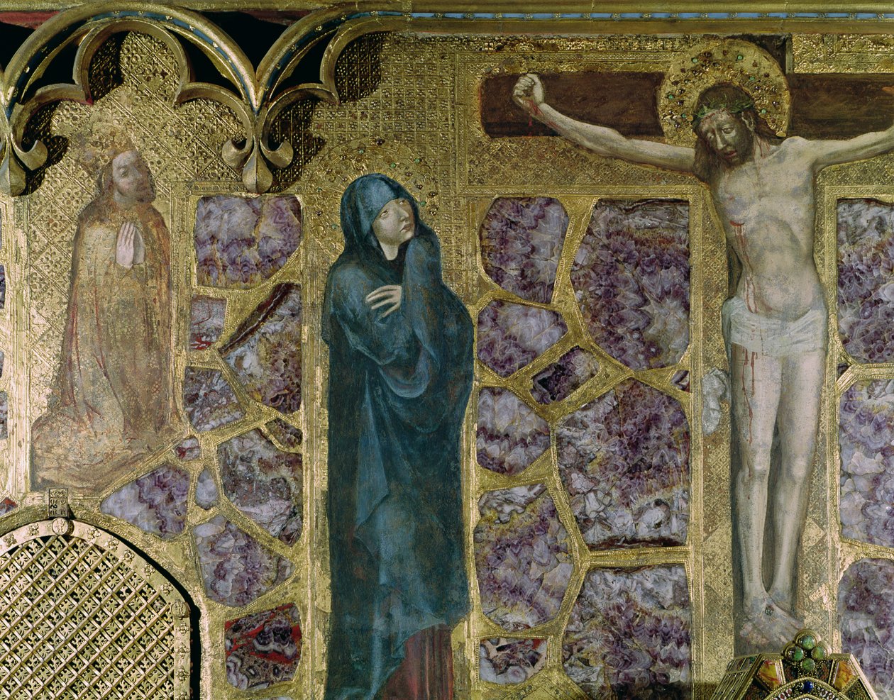 聖ヴァーツラフ礼拝堂からの祈り、聖母と十字架のキリストのチャールズ4世（1316-78年）（テンペラとパネル上の金） 作： プラハのテオドリクス