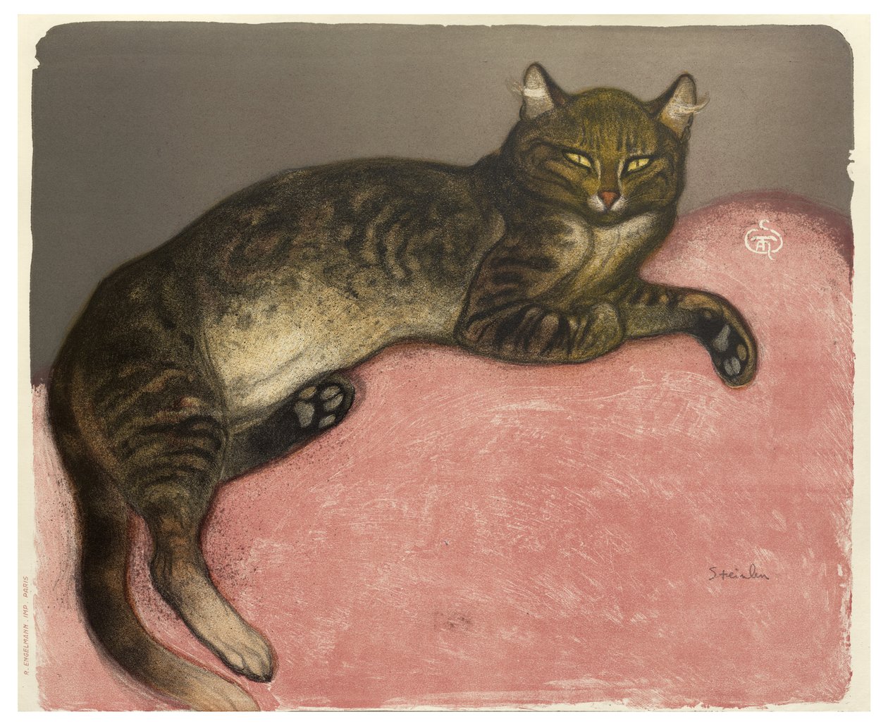 冬、クッションに猫、1909年（クリーム色の織り紙にカラーリソ） 作： テオフィルアレクサンドル・スタインレン