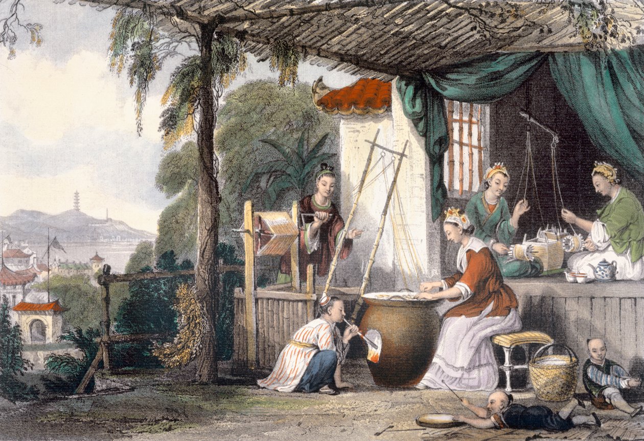 1843年にJ.デイヴィスによって彫刻されたジョージニューウェナムライト（c.1790-1877）による「一連の眺めの中国」からのクリサリッドの破壊と繭の巻き戻し 作： トーマス・アロム