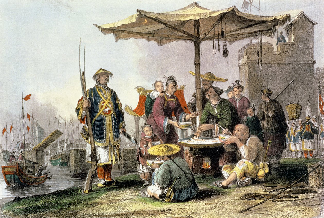 トン・ニュー・トゥの軍事基地での米売り手、ジョージ・ニューエンハム・ライト（1790-1877年頃）の「観覧の中国」から（1843年） 作： トーマス・アロム