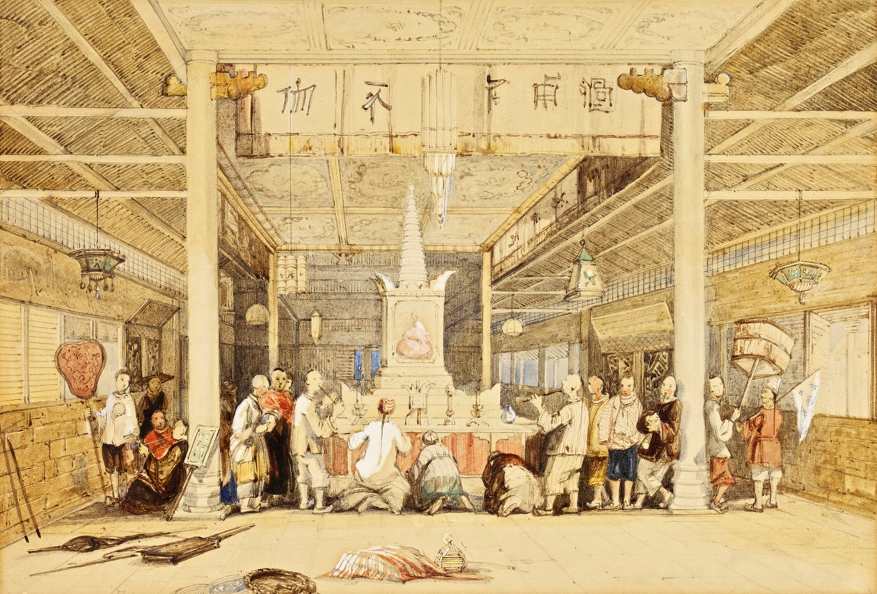 仏教寺院、カントン、1850年頃（ペンとインク、鉛筆、ウォッシュ、紙に白で強調） 作： トーマス・アロム