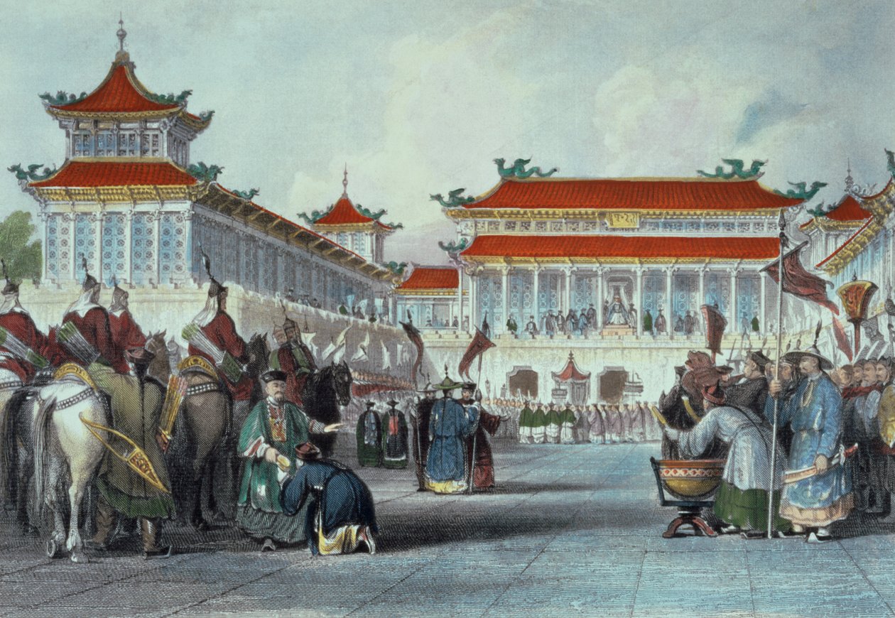ティアオン・クワン皇帝、ジョージ・ニューエンハム・ライト（1790-1877年頃）1843年の「中国の一連の眺め」からの彼の衛兵、北京の宮殿の見直し 作： トーマス・アロム