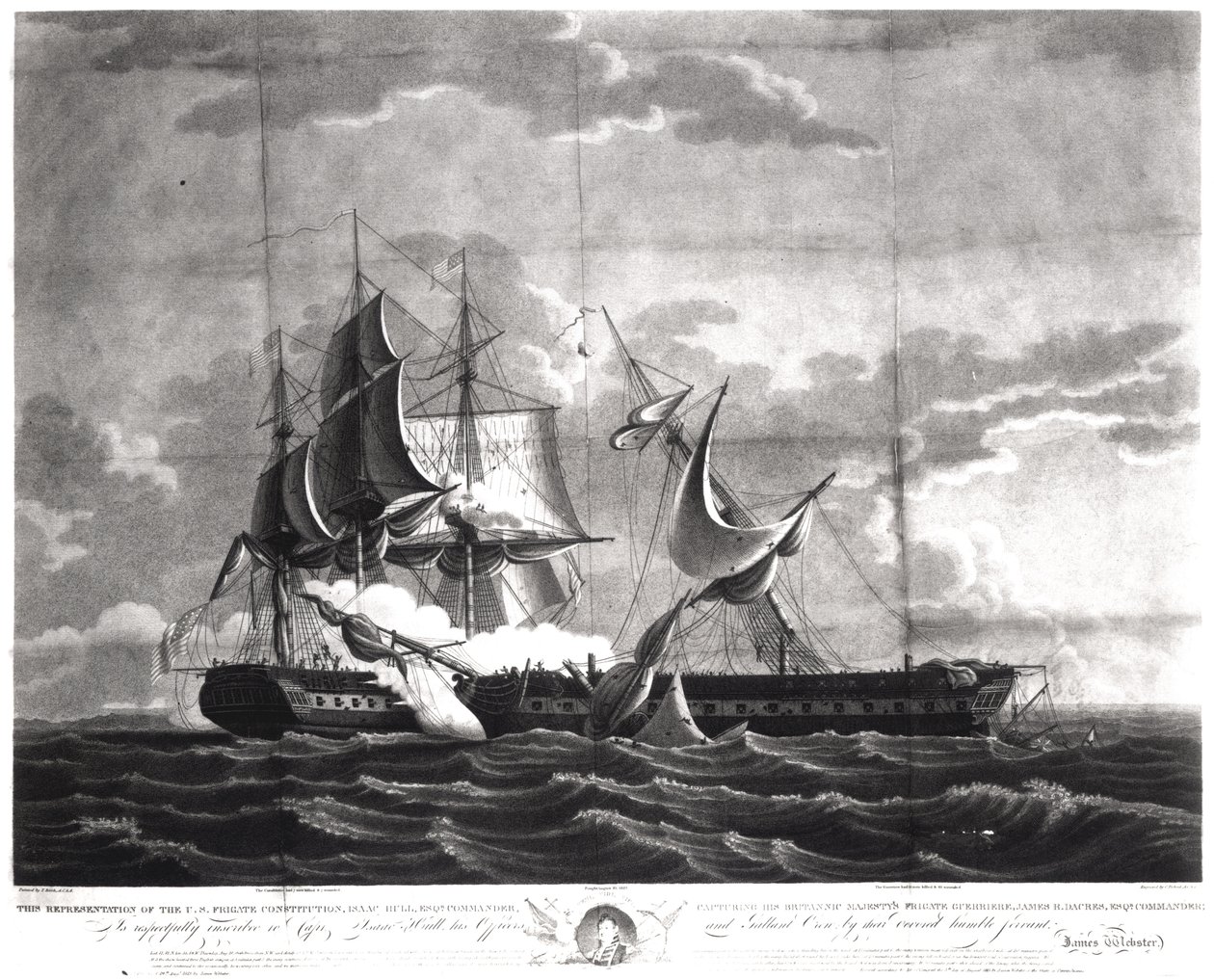 米国のフリゲート艦、「憲法」、アイザックハル（1773-1843）Esq。司令官、イギリス国王陛下のフリゲート艦「ゲリエール」の捕獲、ジェームズRダカール、Esq。司令官、1812年8月19日、engr 作： トーマスバーチ
