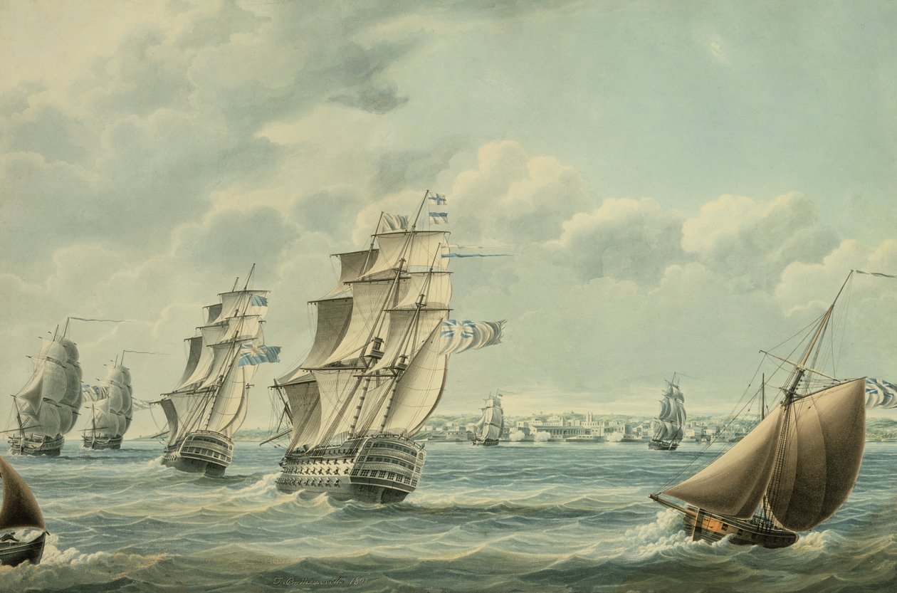 1797、1797年にイギリスの船がカディスを封鎖（紙にトイレ） 作： トーマス・バターズワース
