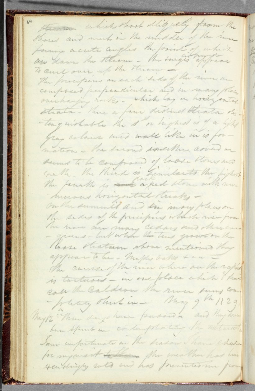 1829年のナイアガラの滝の下の急流に関するアーティストの表記（紙に黒鉛鉛筆） 作： トーマス・コール