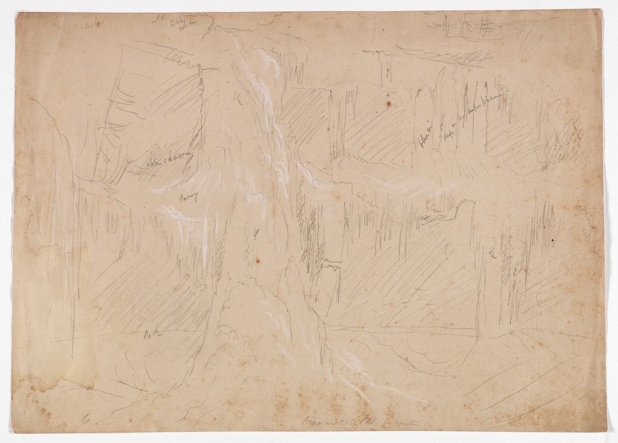 Kaaterskill Fall in Winter、1843（紙に白いチョークを塗ったグラファイト鉛筆） 作： トーマス・コール