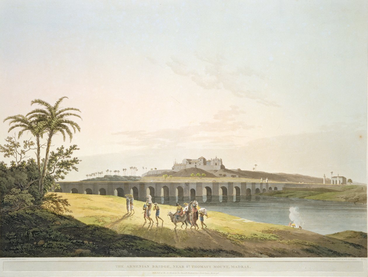 マドラスの聖トーマスの山の近くのアルメニア橋、トーマスとウィリアム（1769-1837）によって刻まれた「東洋の風景：ヒンドゥースタンの24の眺め」からの36版、ダニエル、1798年に公開 作： トマス・ダニエル