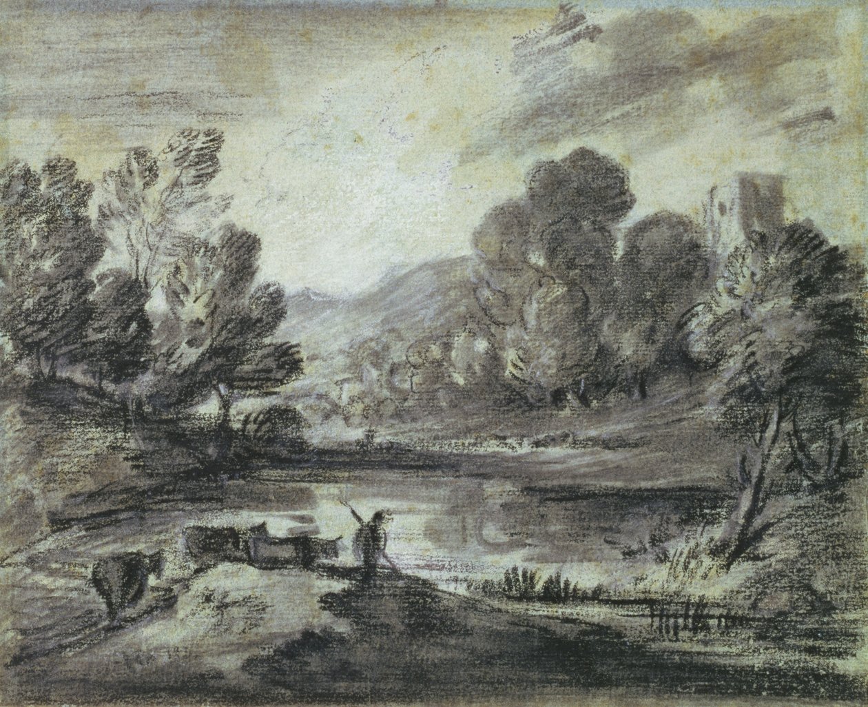 丘陵の風景、c.1775-80（青い紙に黒いチョーク、切り株、白いチョーク） 作： トーマス・ゲインズバラ