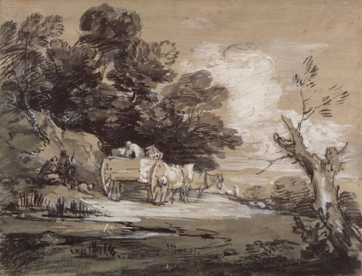 国のカートとフィギュアのある樹木が茂った風景、c.1785-88（黒と白のチョークを紙に洗って） 作： トーマス・ゲインズバラ