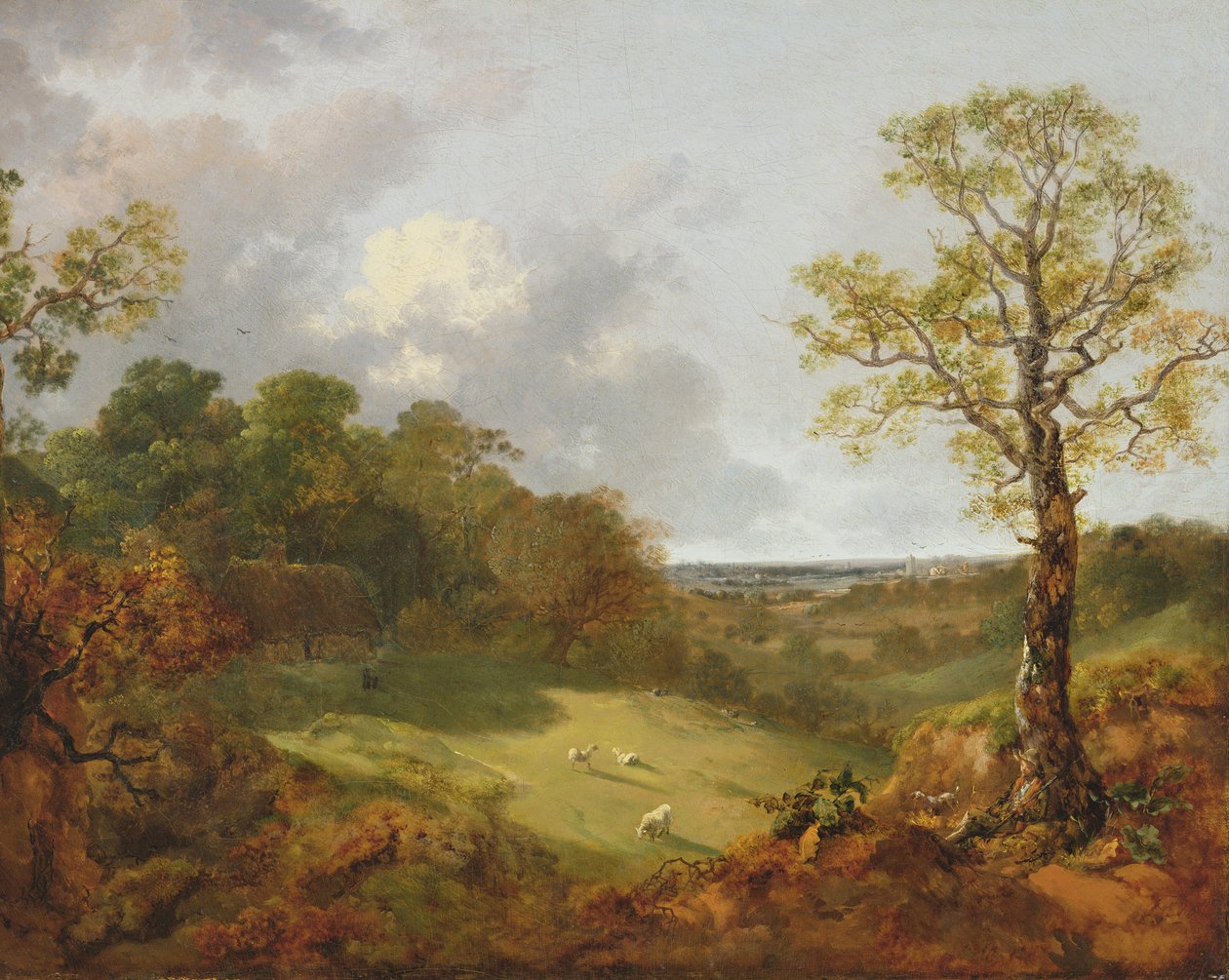 コテージ、羊、リクライニングシェパードのいる森の風景、c.1748-50 作： トーマス・ゲインズバラ