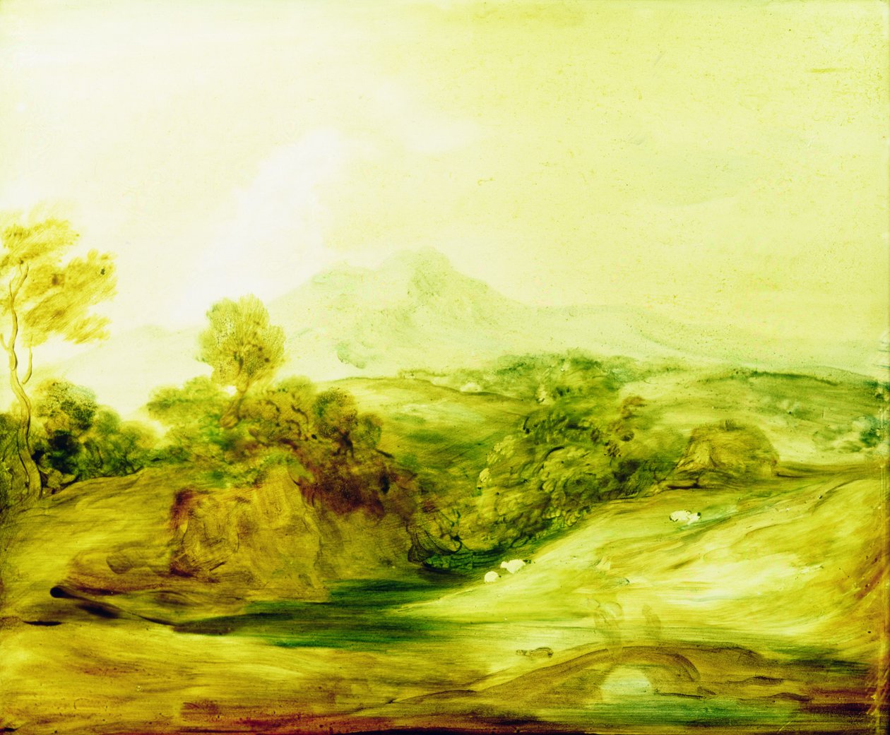 橋の上の人物のいる森のある川の風景、c.1783-4（ガラスにペイント） 作： トーマス・ゲインズバラ