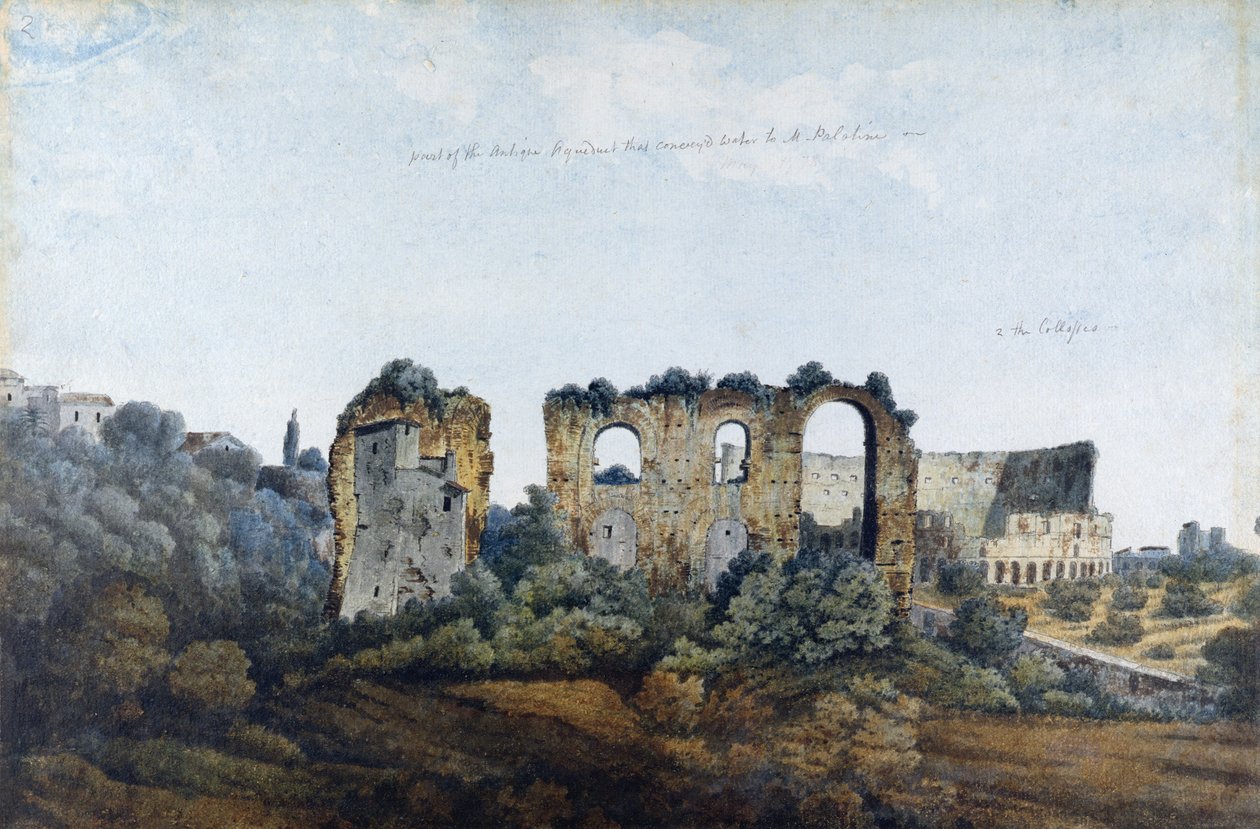 Claudean Aqueduct and Colosseum、1778（敷設紙のグラファイトの上にトイレ） 作： トーマス・ジョーンズ