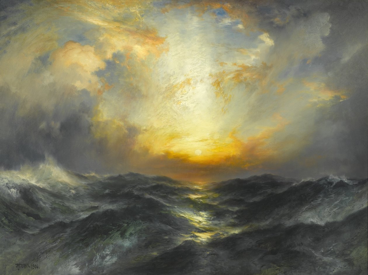 海の夕日、1906 作： トーマス・モラン