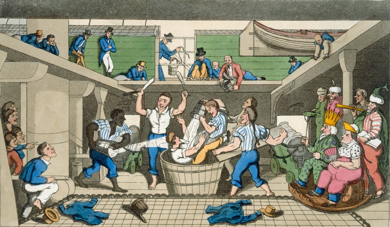 線を横切る、ジョン・ミットフォード（1782-1831）による「海軍のジョニー・ニューカムの冒険」のプレート、W。リード、1818年 作： トーマス・ローランドソン