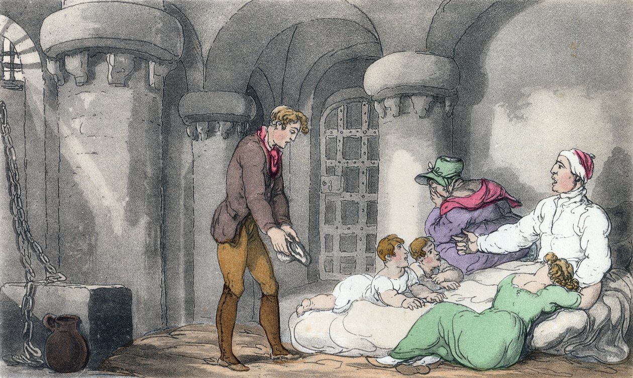 刑務所の国内アレンジメント、イラスト：パブOliver Goldsmithによる「The Wake of Wakefield」アッカーマン、1817年（手彩色のアクアチント） 作： トーマス・ローランドソン