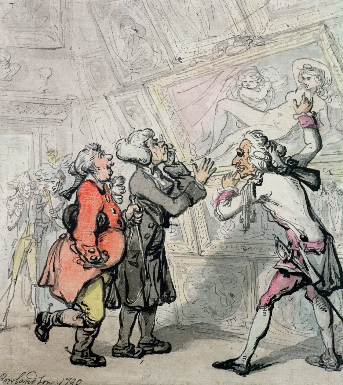 グランドツアーで写真を見るイギリス人、1790年（紙にインクとトイレ） 作： トーマス・ローランドソン