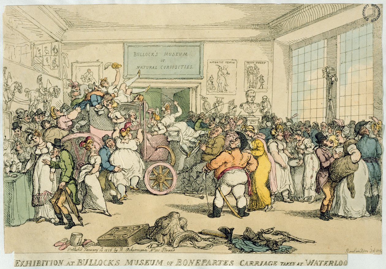 Bullock&39;s Museum of Bonaparte&39;s Carriage at Taketo at Waterloo、pubでの展覧会。ルドルフ・アッカーマン、1816年（アクアチント） 作： トーマス・ローランドソン