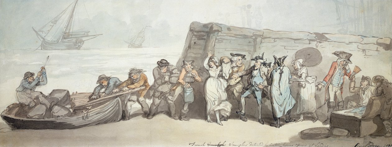 ランディング、1790年に税関で発見されたフランスの密輸業者（紙にペンとインク、トイレ、インクで洗う） 作： トーマス・ローランドソン