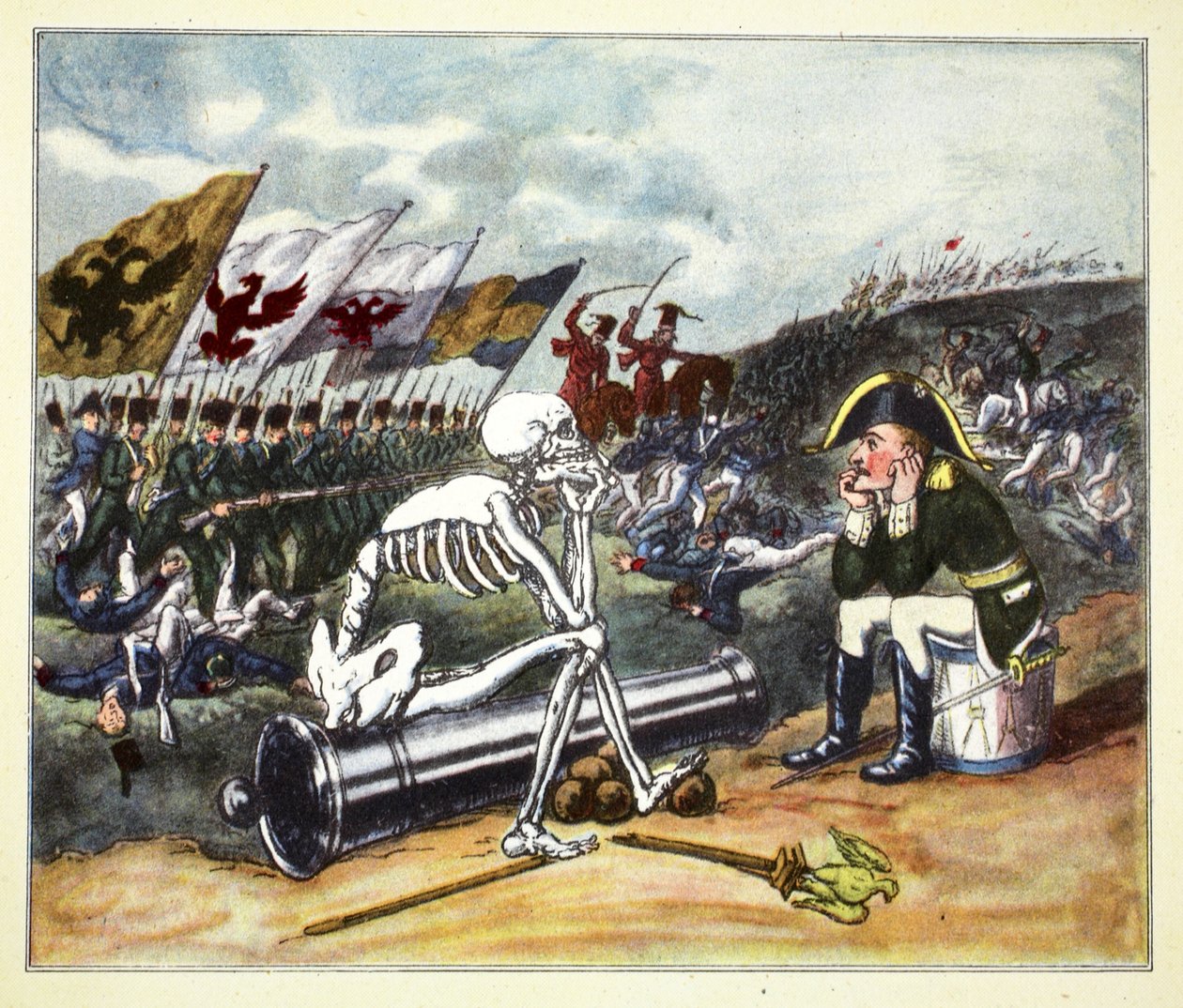 ライプチヒの戦場に立つナポレオン、1813年（手描きの彫刻） 作： トーマス・ローランドソン