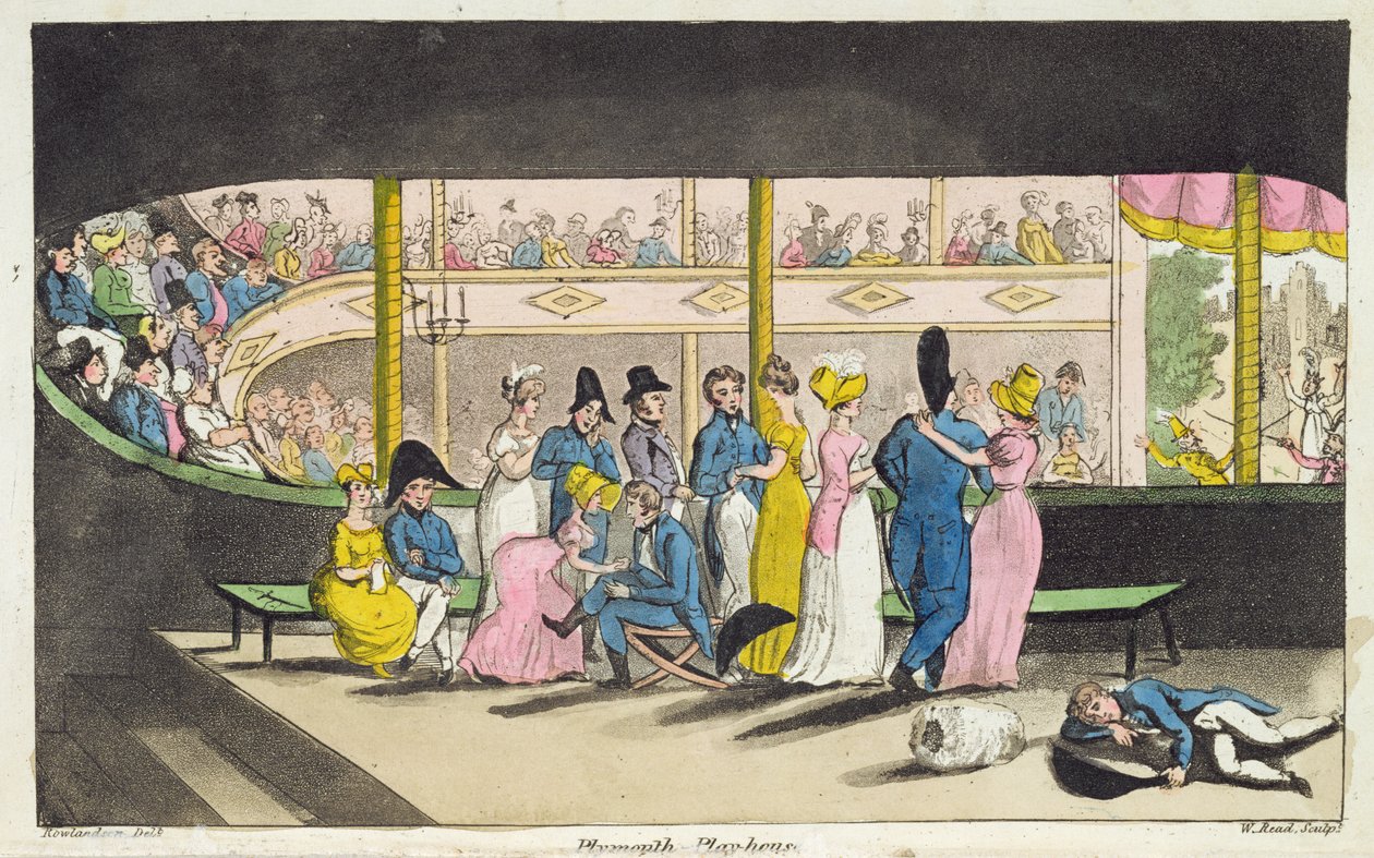 プリマスプレイハウス、W。リード、1818年に彫刻されたジョンミットフォード（1782-1831）による「海軍のジョニーニューカムの冒険」のプレート 作： トーマス・ローランドソン
