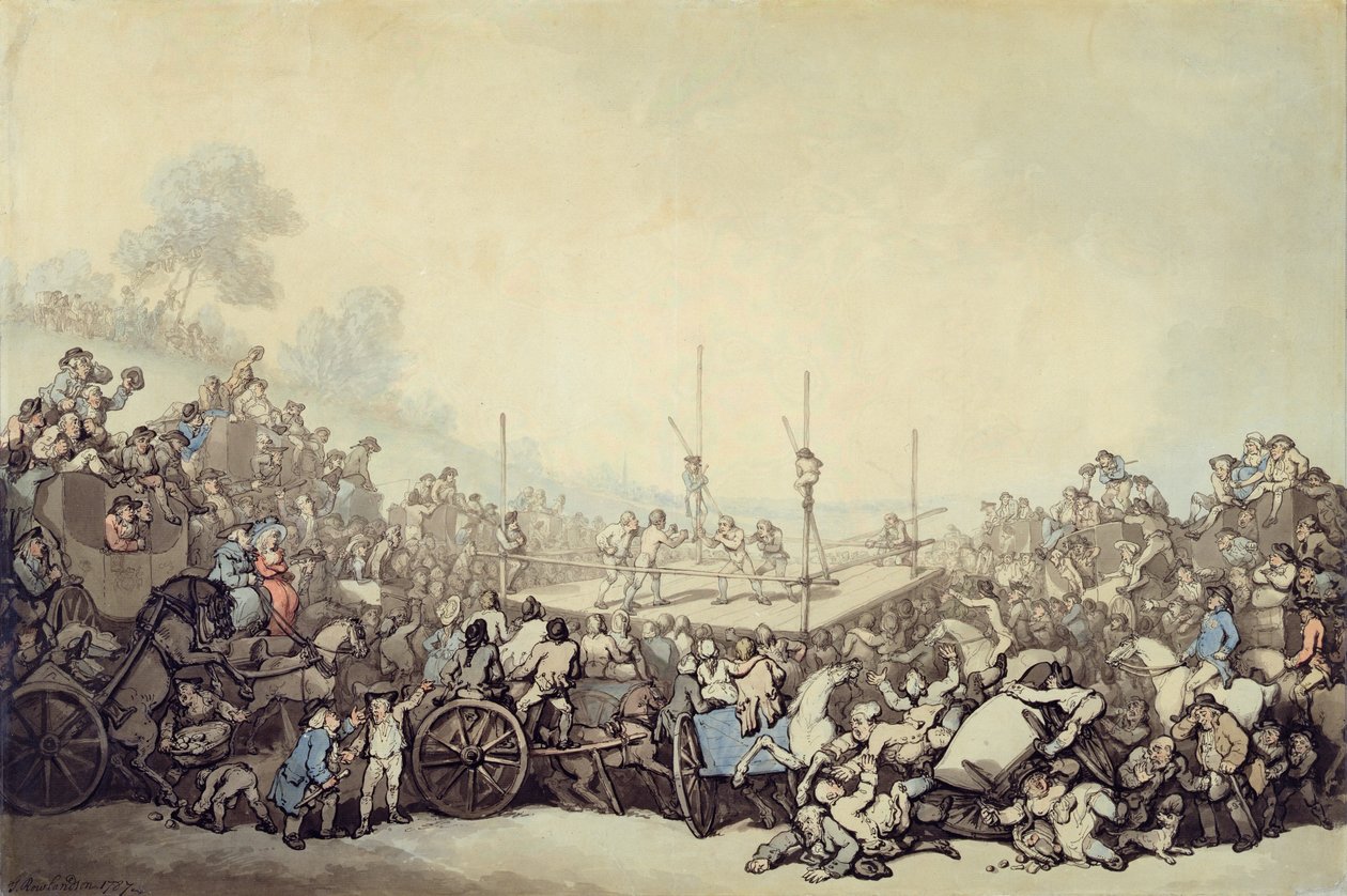 1787年のプライズファイト（紙、グラファイトの上にペン、インク、トイレ） 作： トーマス・ローランドソン