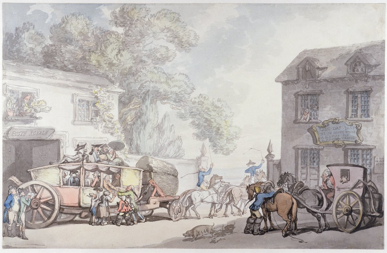 フランス旅行、c.1790（紙にトイレとペンとインク） 作： トーマス・ローランドソン