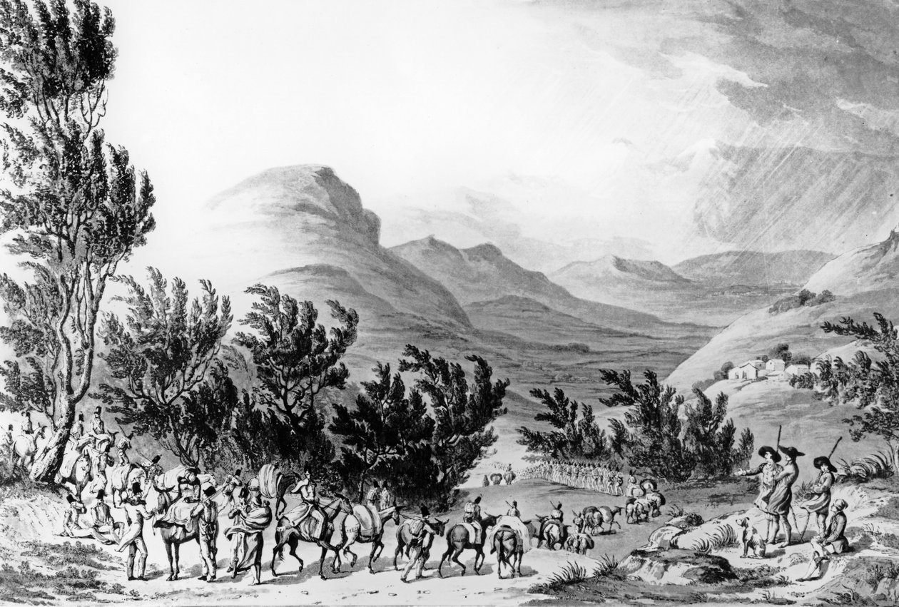 1815年5月16日、チャールズターナーによって彫刻された、軍に続く手荷物の行進、エストレラ山脈またはドネーブ山（1815年） 作： トーマス・スタントン・セントクレア