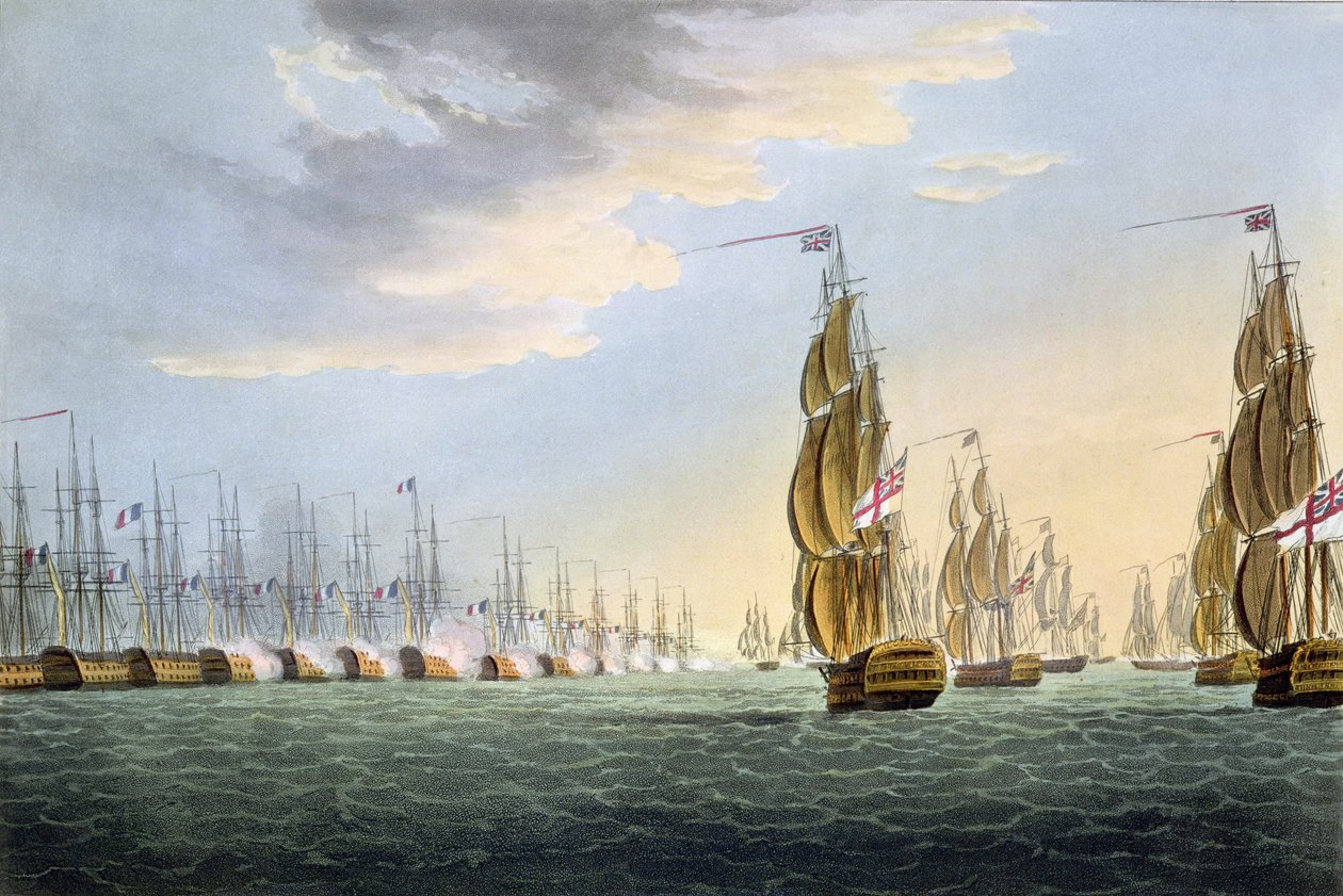 1798年8月1日、ナイル川の戦い、J。ジェンキンスの「海軍の功績」のためにトーマスサザーランドによって彫刻された、1816年（カラー彫刻） 作： トーマスウィットコム