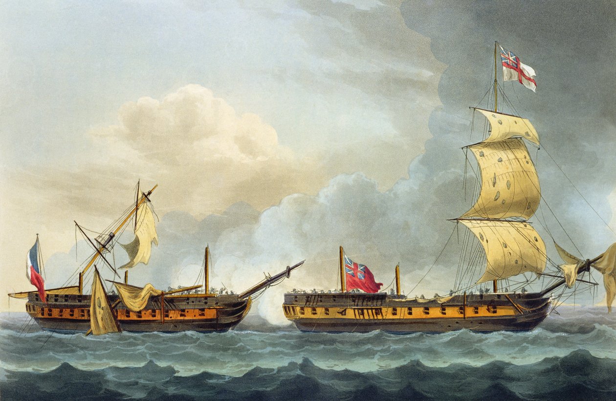 1795年1月5日、ジェームスジェンキンスによる「イギリスの海軍の功績」からのラフィケのキャプチャ、トーマスサザーランド（bc1785）によって彫刻され、1816年に出版 作： トーマスウィットコム