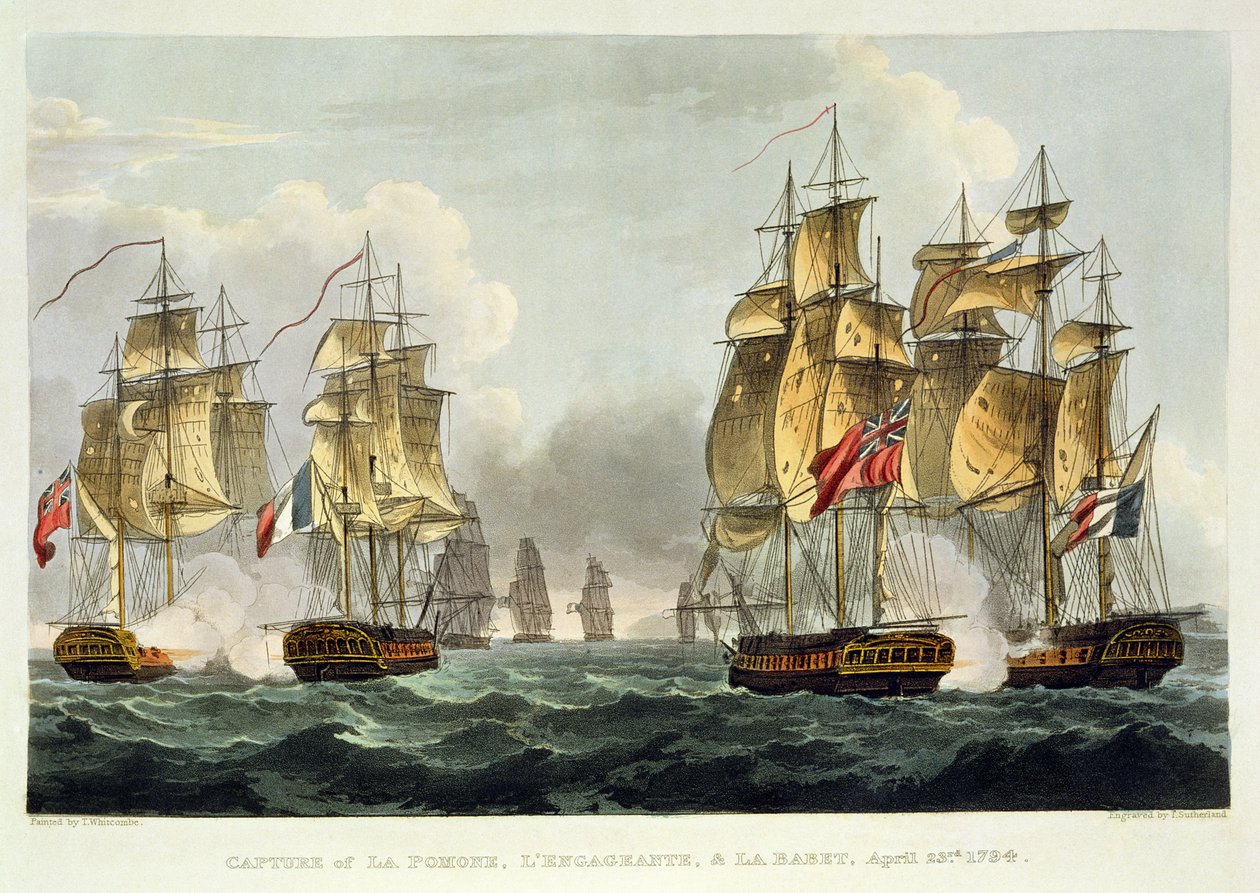 1794年4月23日、トーマスサザーランドがJ.ジェンキンスの「海軍の功績」のために刻んだラポモーネ、レンガジャンテ、ラバベートのキャプチャ、1816年（カラー彫刻） 作： トーマスウィットコム