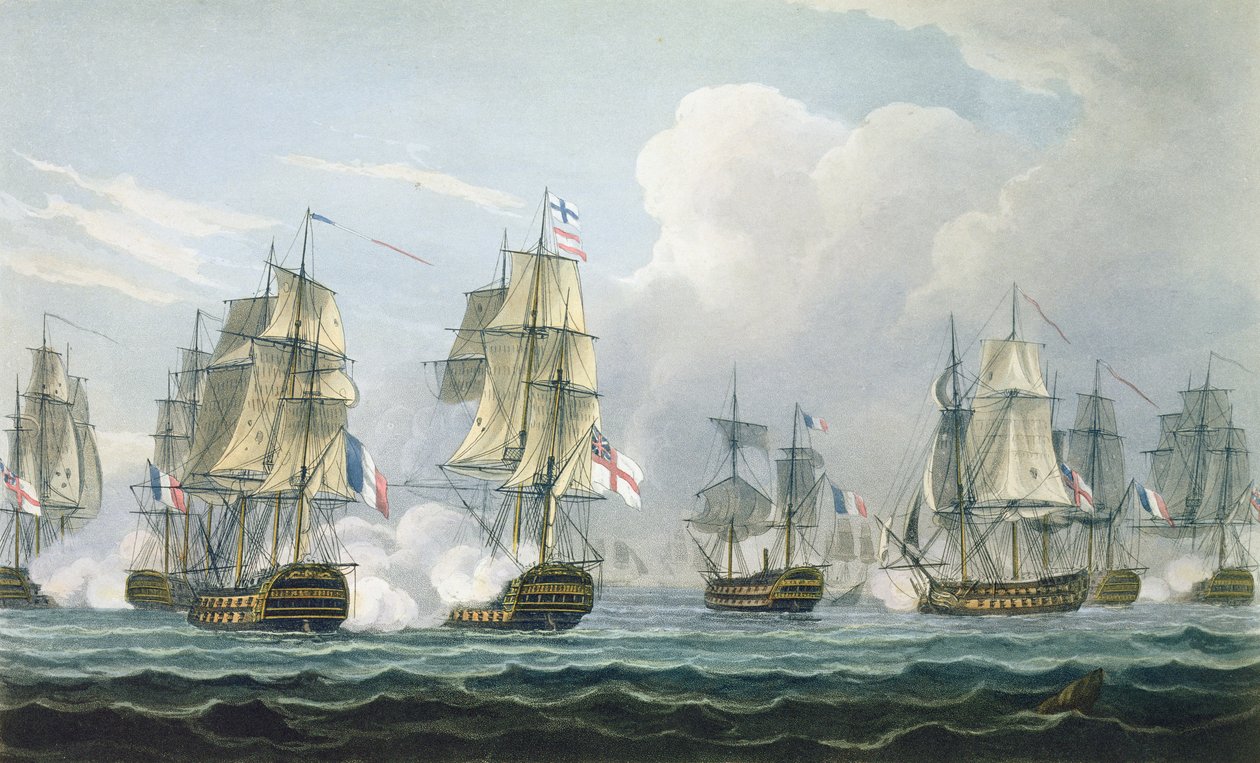 1805年11月5日のトラファルガーの戦いの後のリチャードストラチャン卿の行動、T。サザーランドがJ.ラルフの「イギリスの海軍年代学」のために彫刻した、1820年に公開（色付きの彫刻 作： トーマスウィットコム