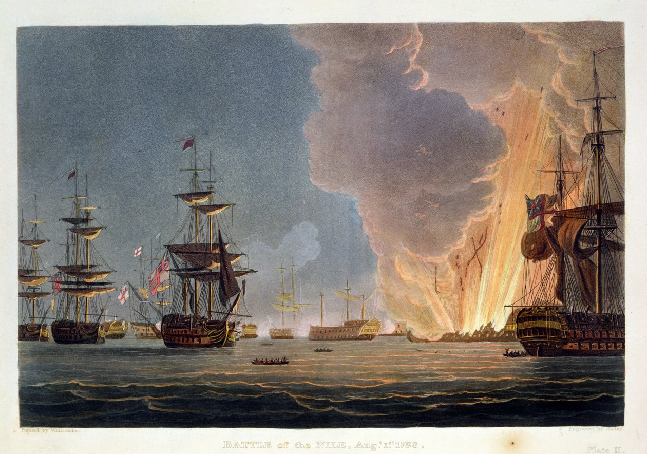 1798年8月1日のナイルの戦い、ベイリーがJ.ジェンキンスの「海軍の功績」のために彫刻した、1816年（カラー彫刻） 作： トーマスウィットコム