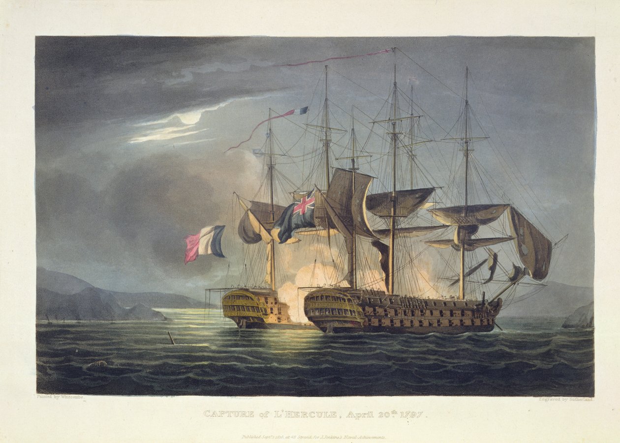 1797年4月20日、J。ジェンキンスの「海軍の成果」のためにトーマスサザーランドによって彫刻された「エルキュールの捕獲」（1816年）（カラー彫刻） 作： トーマスウィットコム