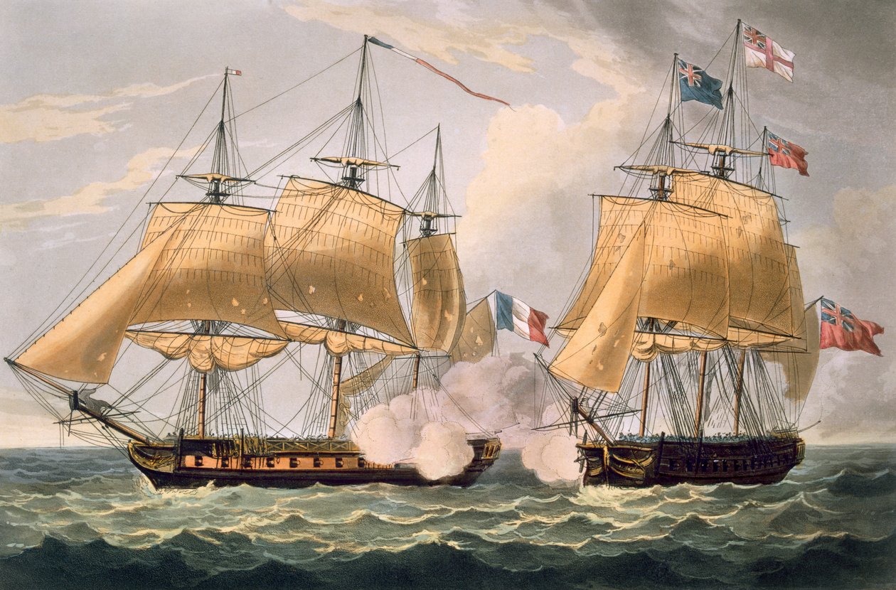1814年2月26日、ラクロリンドの捕獲、トーマスサザーランドによってJ.ジェンキンスの「海軍の功績」のために彫刻された、1816年（カラー彫刻） 作： トーマスウィットコム