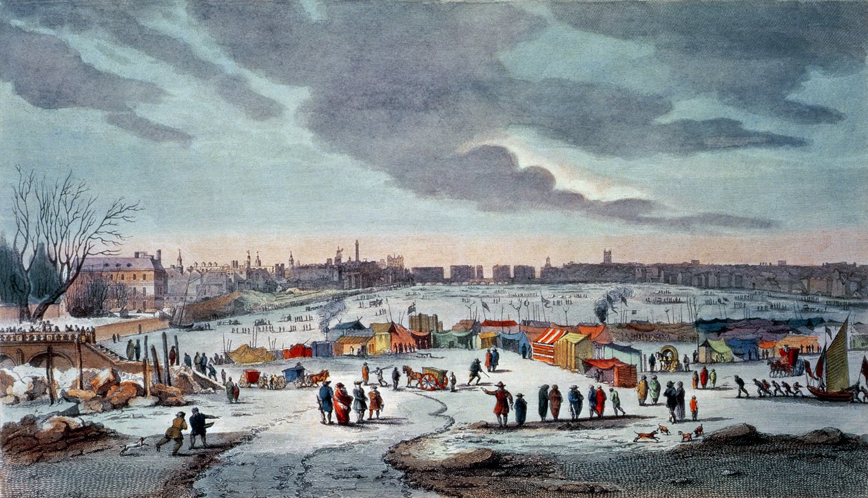 ジェームズストウ（1770-c.1820）によって彫刻された、1683-84年のテンプルステアズ近くのテムズ川のフロストフェア。 1825 by Robert Wilkinson（カラープリント） 作： トーマス・ワイク